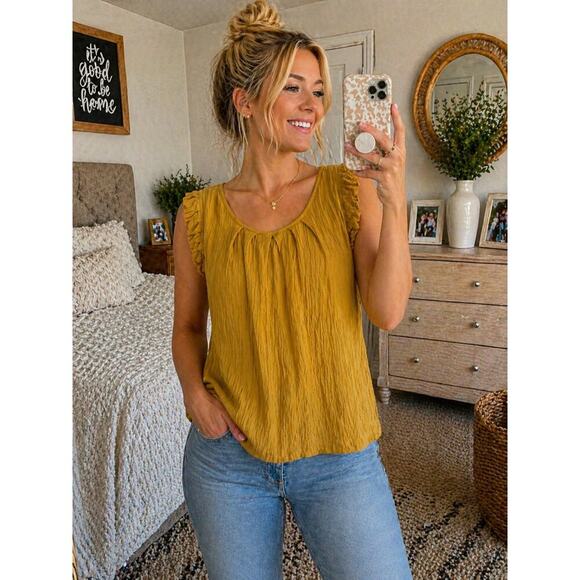 World Market Tops - World Market Mustard Yellow Ruffle Sleeve Top Size S/M Boho Lightweight